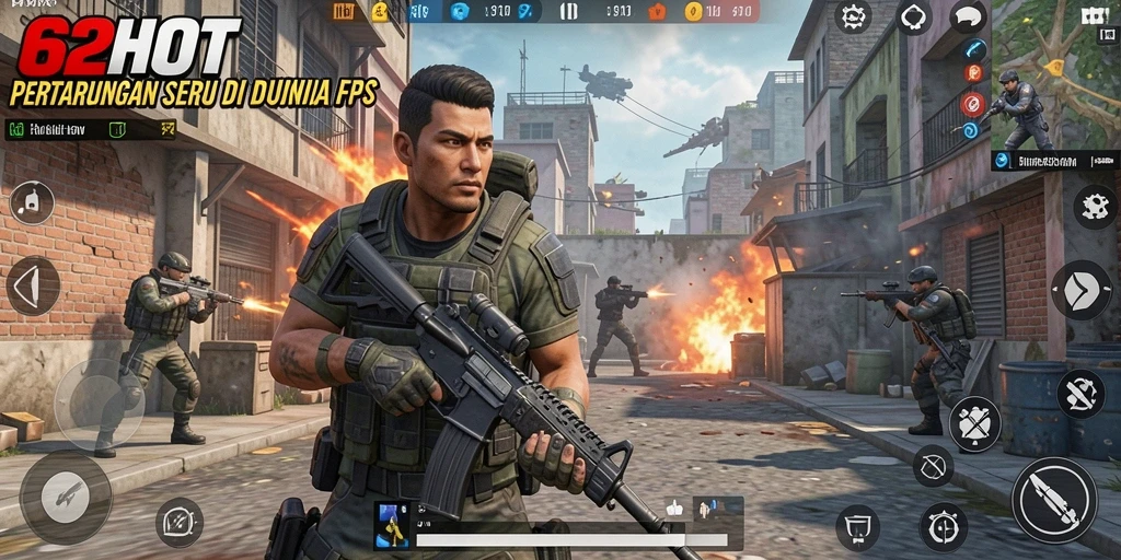 Tampilan gameplay menegangkan dalam 62HOT saat bertarung di arena FPS.