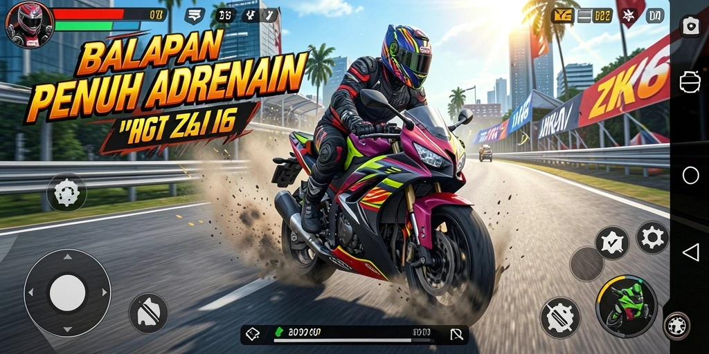 Screenshot ZK6 menampilkan aksi balapan motor yang mendebarkan.
